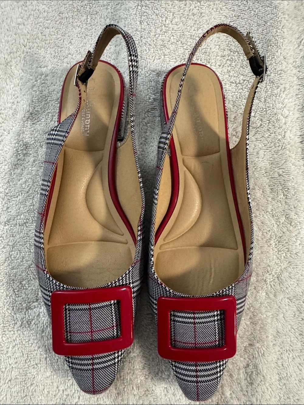Plaid Slingback Flats with Red Buckle. Never worn.